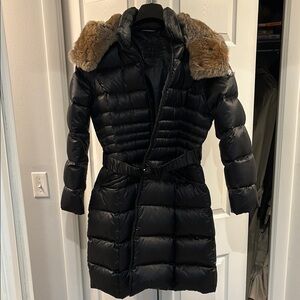 Women's Black Puffer Coat with Real Fur Hood Trim